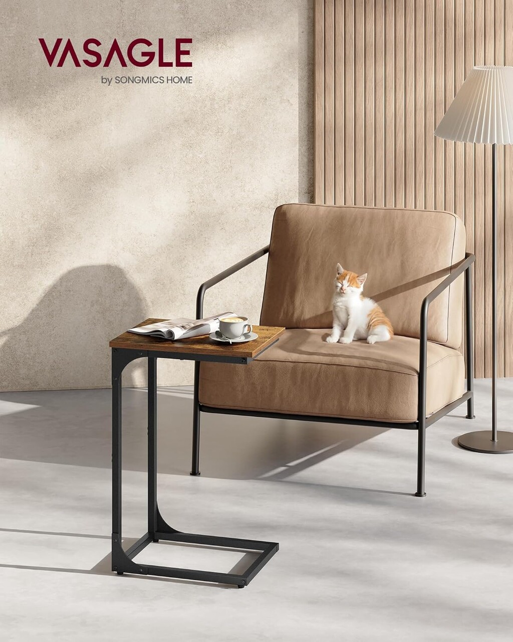 Masuta laterala C-Shaped, Vasagle, 40x30x62 cm, PAL/otel, maro - imagine 6